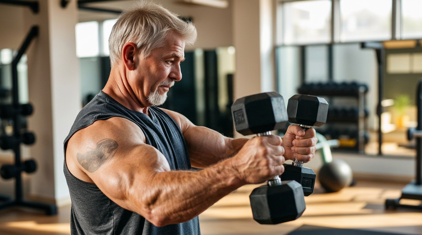 Adult over 40 doing a coached dumbbell strength exercise at Thomas Fitness in Farmington CT